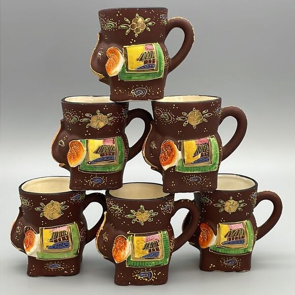 Vintage Japanese Satsuma 6 Elephant Tea Cups Hand Painted Porcelain Figurine - Picture 1 of 15